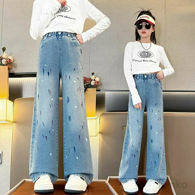 Rakuten - 【送料無料】ファッション ストレッチデニムパンツ ゆったり ボトムス 女の子 可愛い 子供服 ガールズ 子ども こども キッズ ジーパン ジーンズ 長ズボン
