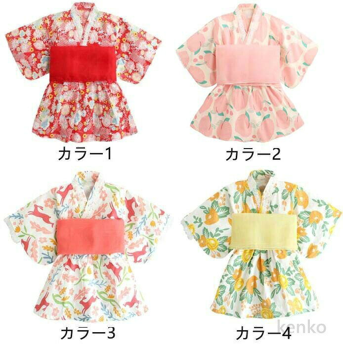 【送料無料】女の子 浴衣ドレスセット 子供 2点セット(浴衣ドレス＋帯) 浴衣セット...