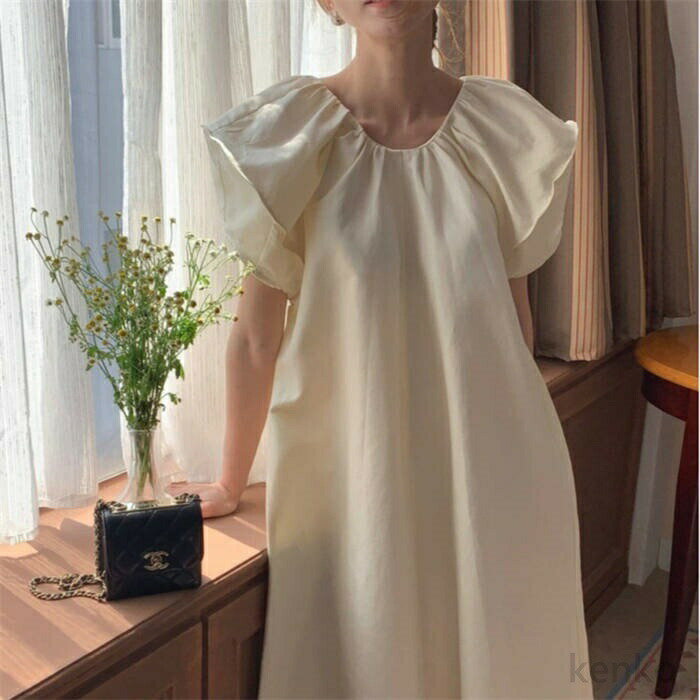 【送料無料】ワンピース 半袖 レディース 夏 ロング丈 フレアワンピース ボリューム袖 マキシ丈 パフスリーブ ロングワンピ 楽ちん ゆったり 二の腕カバー 薄手 カジュアル