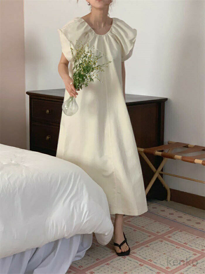 【送料無料】ワンピース 半袖 レディース 夏 ロング丈 フレアワンピース ボリューム袖 マキシ丈 パフスリーブ ロングワンピ 楽ちん ゆったり 二の腕カバー 薄手 カジュアル