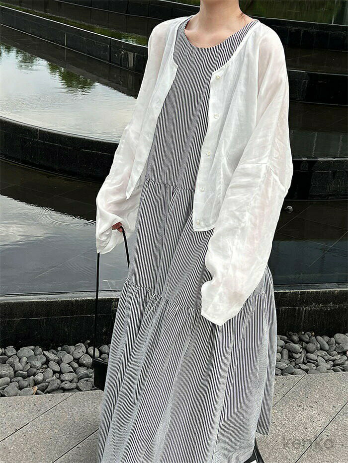 【送料無料】ワンピース ストライプ ロング レディース 夏 ロング丈 ノースリーブ フレアワンピース ロングワンピース 袖なし 薄手 Aライン クルーネック マキシワンピース