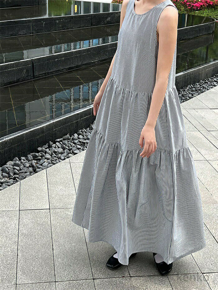 【送料無料】ワンピース ストライプ ロング レディース 夏 ロング丈 ノースリーブ フレアワンピース ロングワンピース 袖なし 薄手 Aライン クルーネック マキシワンピース