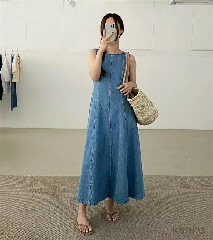 【送料無料】デニム ワンピース ノースリーブ 夏 レディース きれいめ デニムワンピース ドレス タンクトップワンピース マキシ 春 夏 ロング Aライン 大人 体型カバー