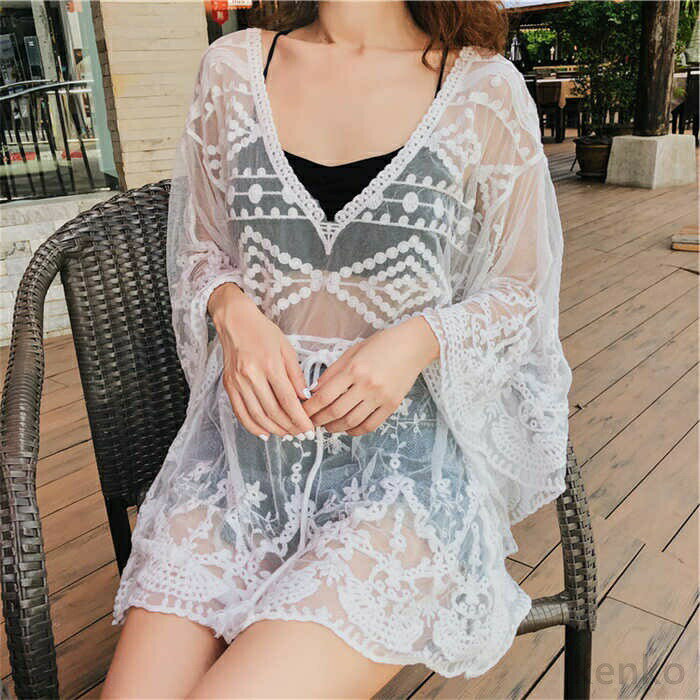 フリンジ｜【送料無料】ェア 水着の上に着る ビーチワンピース レース レースガウン ビーチガ...