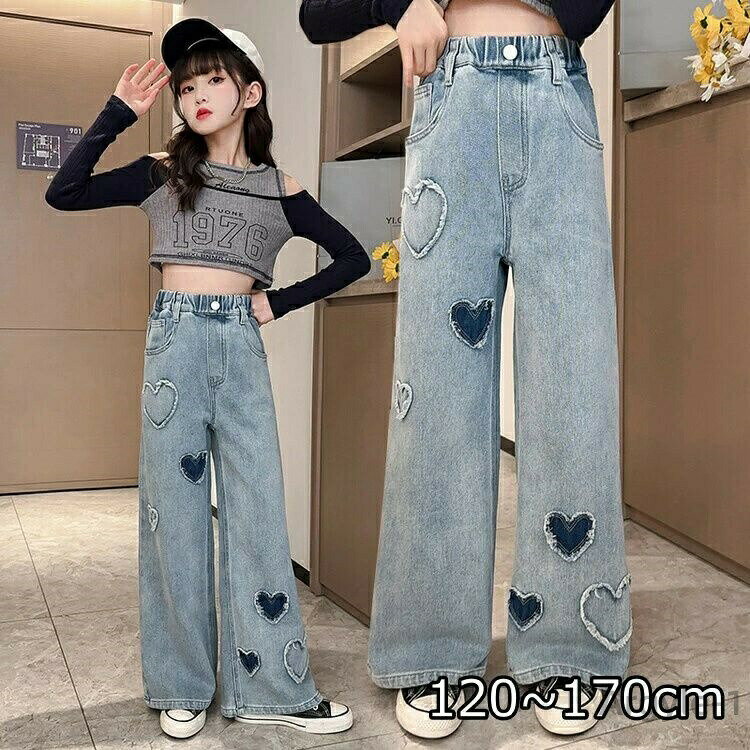 Long-Trousers, Trousers - 【送料無料】デニムパンツ キッズ ジーンズ ジーパン ハート柄 ボトムス ロングパンツ ウエストゴム ワイドパンツ おしゃれ デニムパンツ