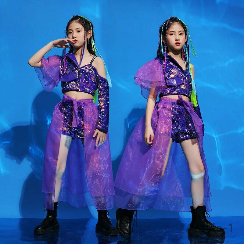 Rakuten - 【送料無料】ダンス衣装 スパンコール セットアップ 女の子 チアガール ヒップホップHIPHOP 演出服 発表会 個性派 子供用 おしゃれ 子ども
