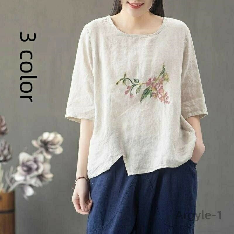 樂天商城 - 【送料無料】シャツ ブラウス トップス 刺? 花柄 リネンシャツ レディース リネン 綿麻 五分袖 オーバーシャツ 大きいサイズ オフィス OL