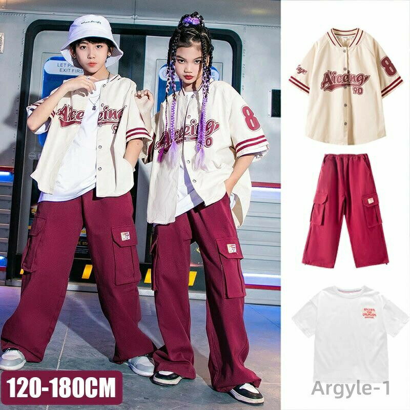 【送料無料】ベースボールシャツ キッズ ダンス衣装 シャツ 子供服 カジュアルシャツ ヒップホップ トップス 女の子 レッド カーゴパンツ