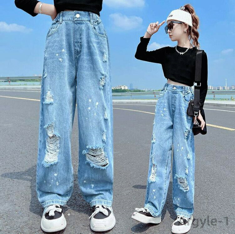 Long-Trousers, Trousers - 【送料無料】デニムパンツ キッズ 子供服 キッズ服 ダメージジーンズ 学生 韓国子ども服 ダメージデニムパンツ 女の子 ジーンズ ダメージ