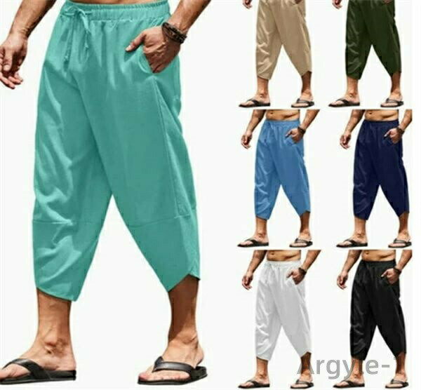 【送料無料】メンズ サルエルパンツ 綿麻 リネンパンツ春 夏 七分丈 コットン ポケット ワイドパンツ クロップドパンツ ゆったり 全8色