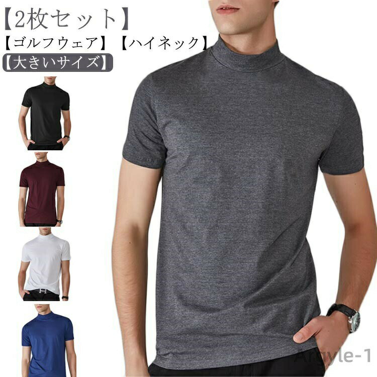 樂天商城 - 【送料無料】2枚組 ハイネック 半袖 メンズ Tシャツ モックネック ゴルフウェア ストレッチ 無地 ハーフネック トップス カットソー
