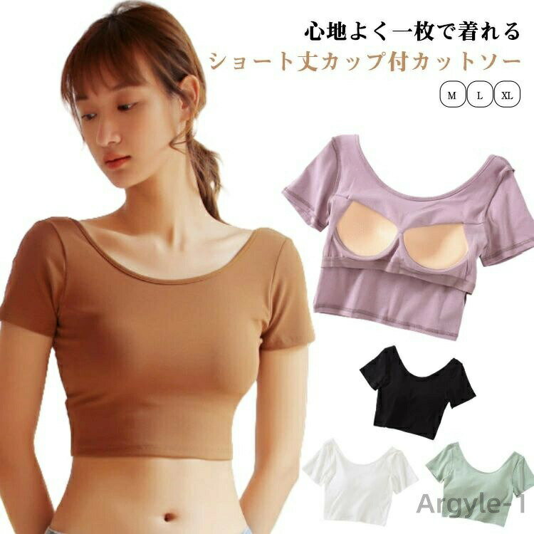 【送料無料】部屋着 カップ付 半袖インナー カップ付き カットソー ブラトップインナー 無地 半袖 ブラ付き 大きいサイズ tシャツ 夏