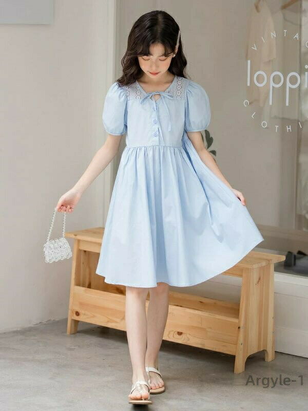 Dresses - 【送料無料】キッズ ワンピース 夏 綿 女の子 ワンピース 半袖 160 130 ブルー レース 親子 子供服 女の子 夏服 ワンピース 可愛い