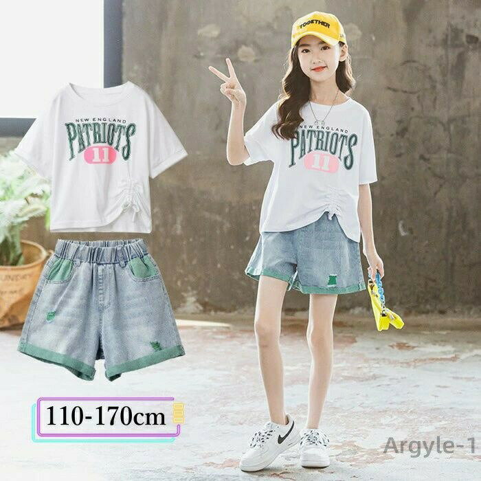 Rakuten - 【送料無料】子供服 女の子 夏服 セットアップ 小学生 夏服 女の子 tシャツ デニムパンツ 子供服 女の子 セットアップ 半袖 夏服 コーデ