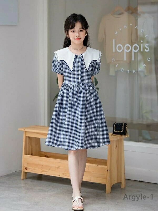 【送料無料】女の子 ワンピース 半袖 160 ワンピース キッズ ワンピース 夏 130 紺色 チェック柄 親子 子供服 女の子 夏服 ワンピース