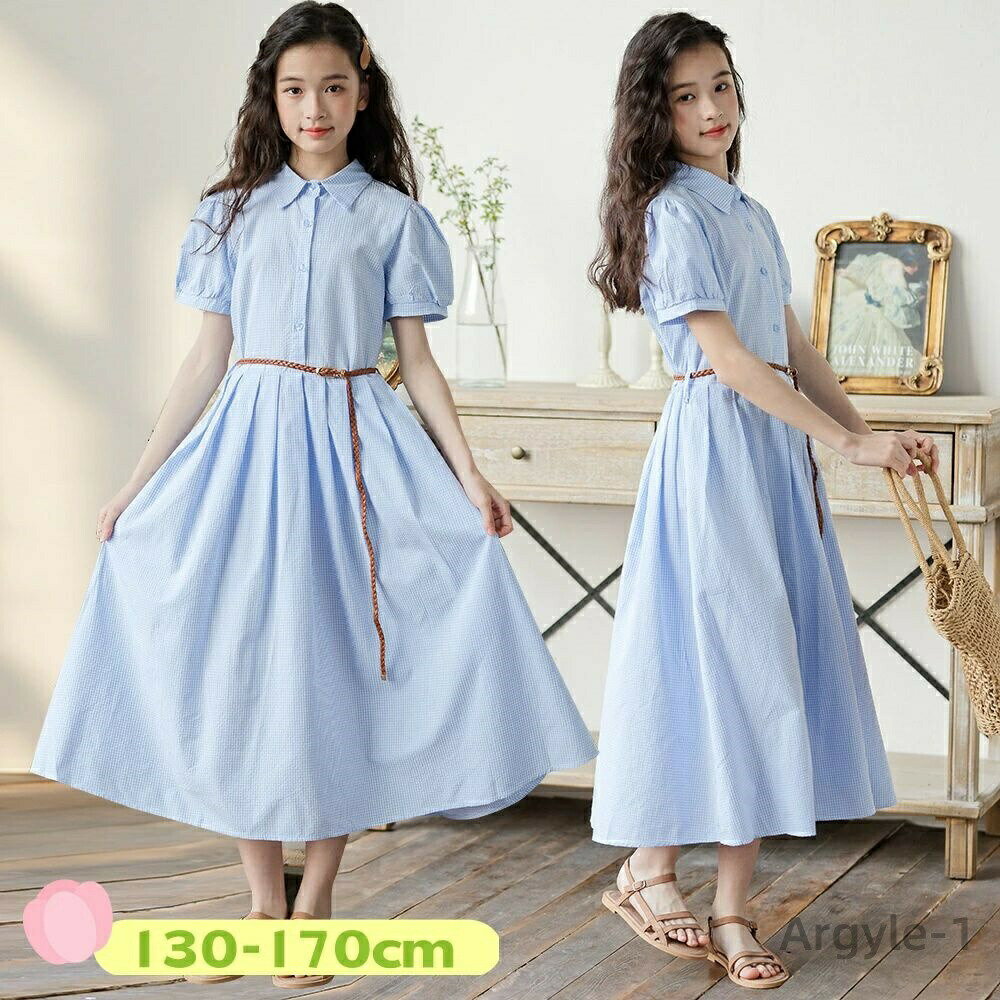 Rakuten - 【送料無料】女の子 ワンピース 夏 半袖 ブルー 子供服 女の子 ワンピース 可愛い 大きいサイズ キッズ ワンピース 韓国子供服 おしゃれ