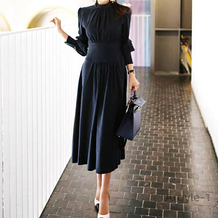 樂天商城 - 【送料無料】モックネック ネイビー エレガント Aライン ミモレ丈 シンプル ロング メール便 レディース 長袖 韓国 パーティー 紺 ワンピース