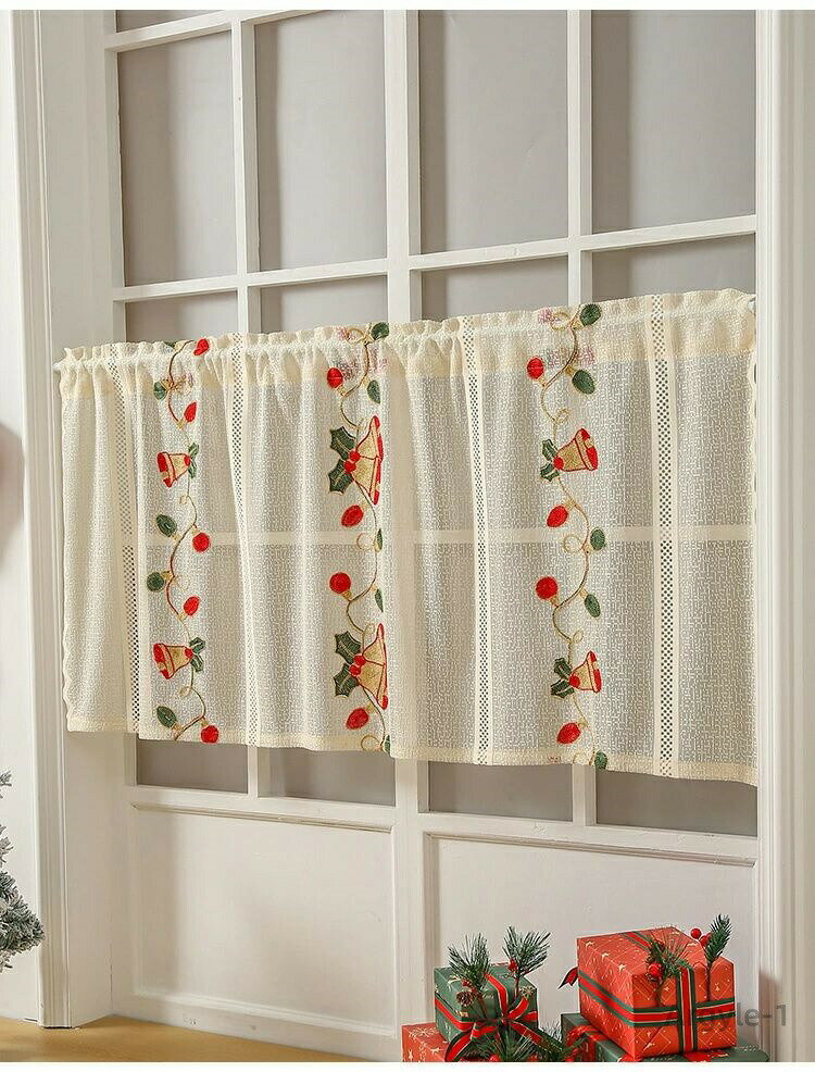 【送料無料】カフェカーテン クリスマス ベル 60cm丈 100cm丈 カーテン おしゃれ 長方形 北欧 小窓 ベージュ 遮像 小窓用 ベッドルーム