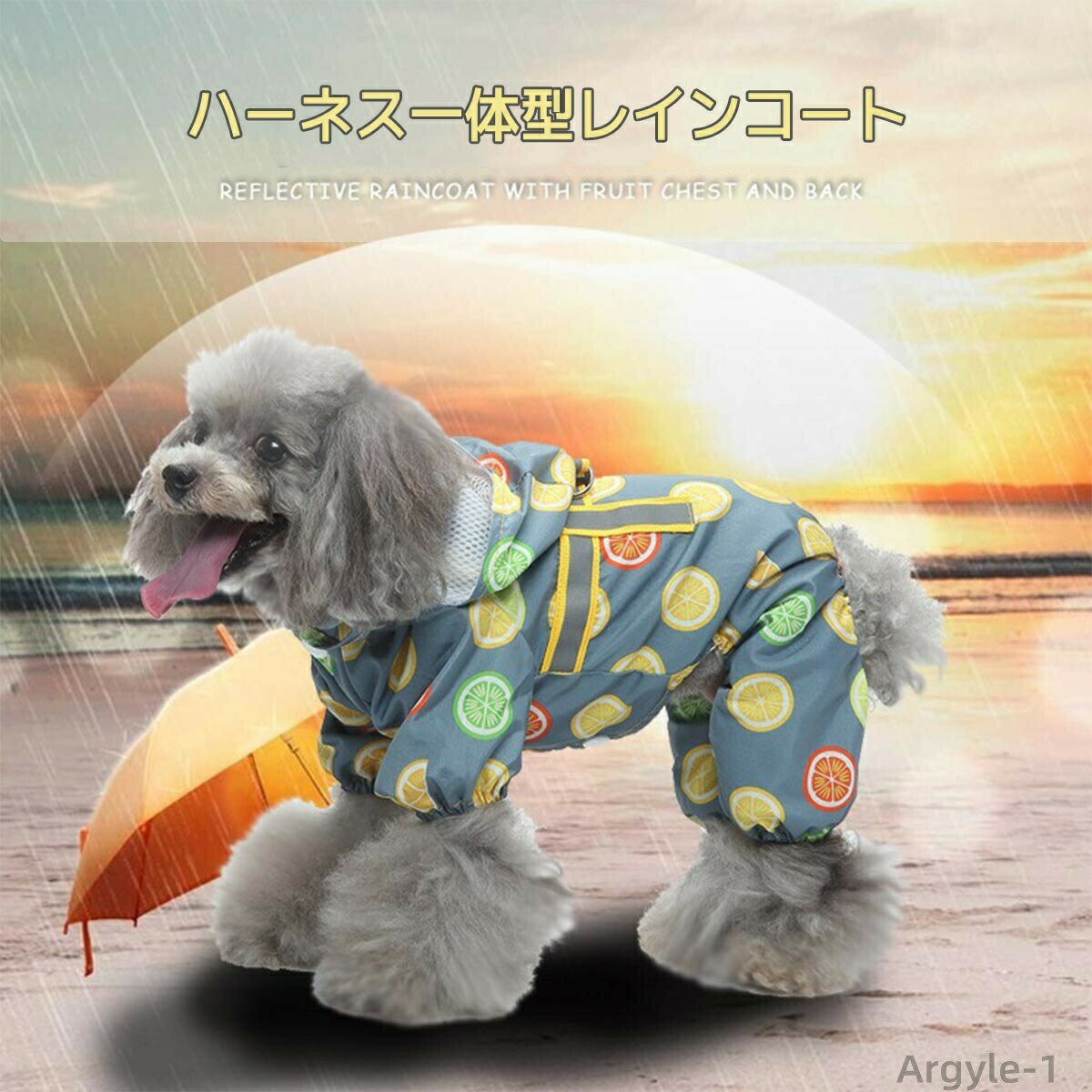 【送料無料】犬 レインコート カッパ 小型犬 中型犬 簡易ハーネス付き 犬服 ドッグウェア フルーツ 果物柄 前開き 前ボタン ペット ペット用