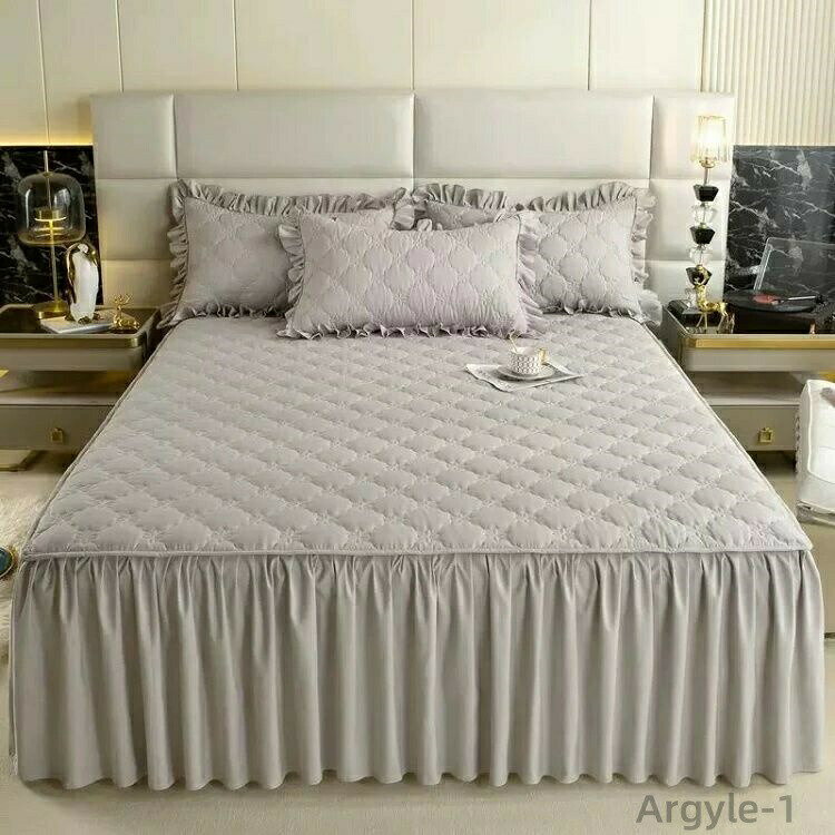 【送料無料】ベッドスカート 綿 キルティング マットレスカバー 枕カバーセット フリル付き 敷パッド一..