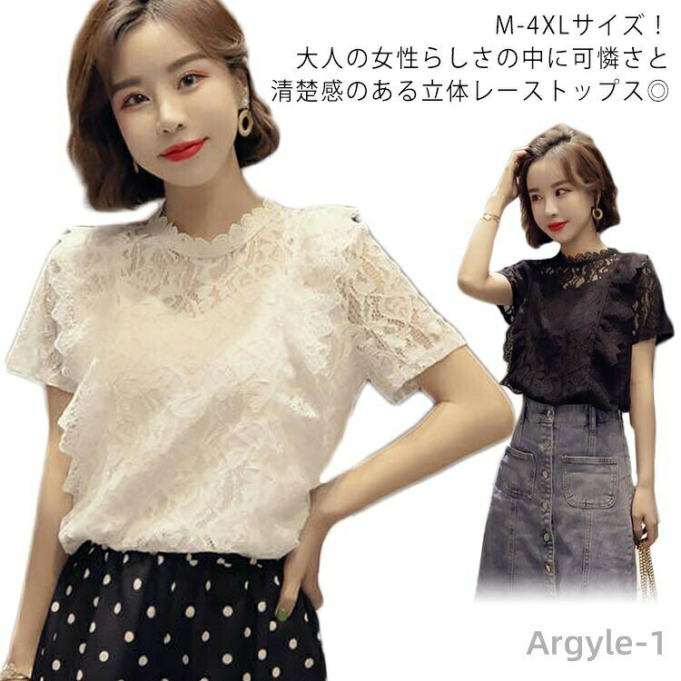 樂天商城 - 【送料無料】ブラック 可愛い 刺繍 春夏 大きサイズ キレイめ トップス ブラウス tシャツ 半袖 レースtシャツ レースブラウス 半袖tシャツ