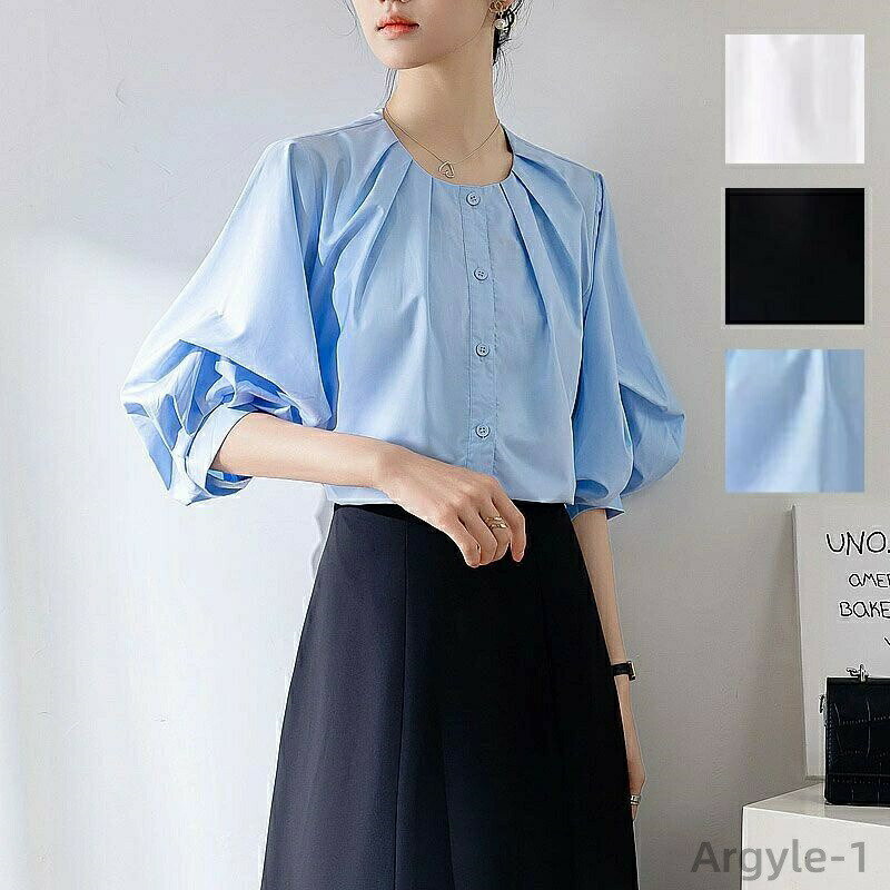 樂天商城 - 【送料無料】カジュアル 無地 通勤 夏 春 レディース トップス ギャザーネック ボリュームスリーブ 5分袖 パフスリーブ ブラウス