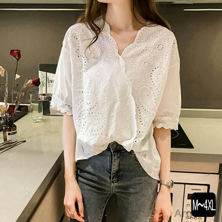 【送料無料】大きいサイズ ホワイト ゆったり 透け感 Vネック 五