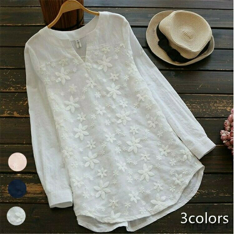 乐天商城 - 【送料無料】Tシャツ チュニック レース 総柄 花柄 Vネック スキッパー プルオーバー 長袖 レディース 前開き シフォン スカラップ ブラウス