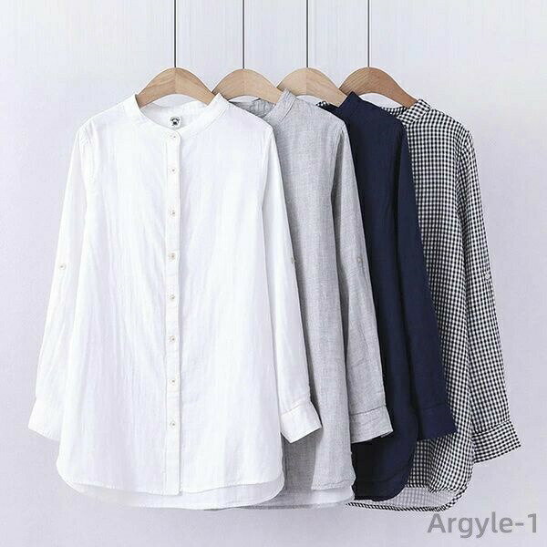 樂天商城 - 【送料無料】柔らか 通気 コットン 綿 シンプル レディースファッション チェック柄 無地 スタンドカラー レディース シャツブラウス 長袖