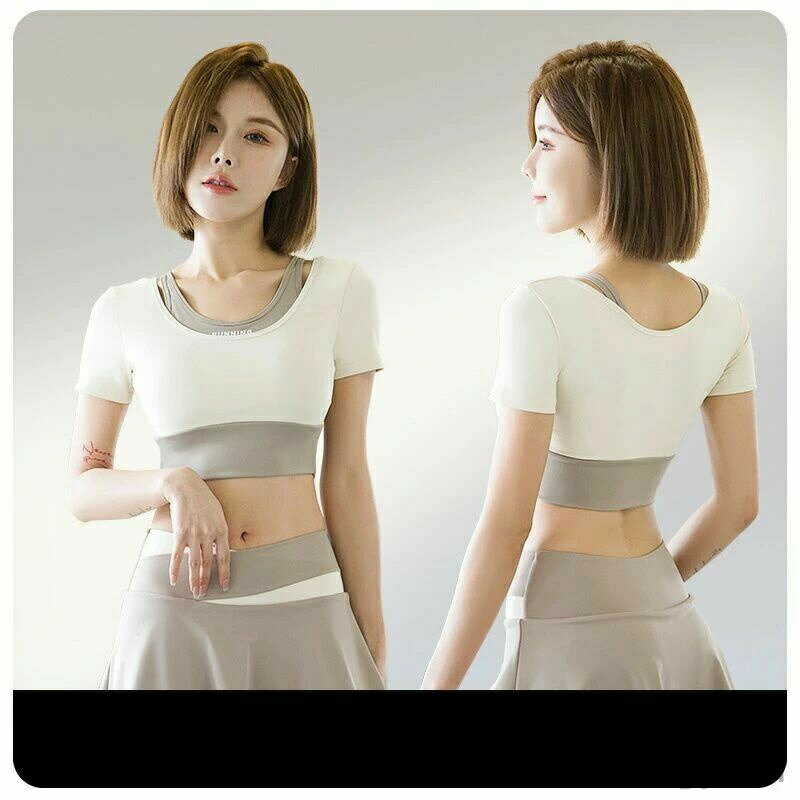 【送料無料】スポーツ ピラティス ハーフトップ 速乾 フェイクツーピース レディース 半袖 上下セット