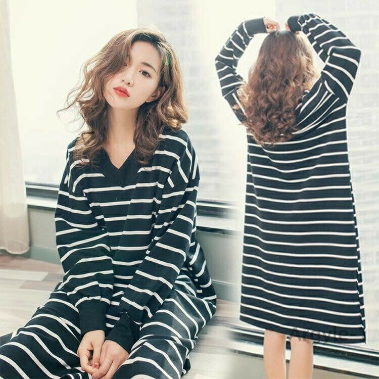 【送料無料】レディース パジャマワンピース 長袖 ボーダー ナイトウェア マタ二ティにも最適 入院準備 部屋着 プレゼント 女性 部屋着 寝間