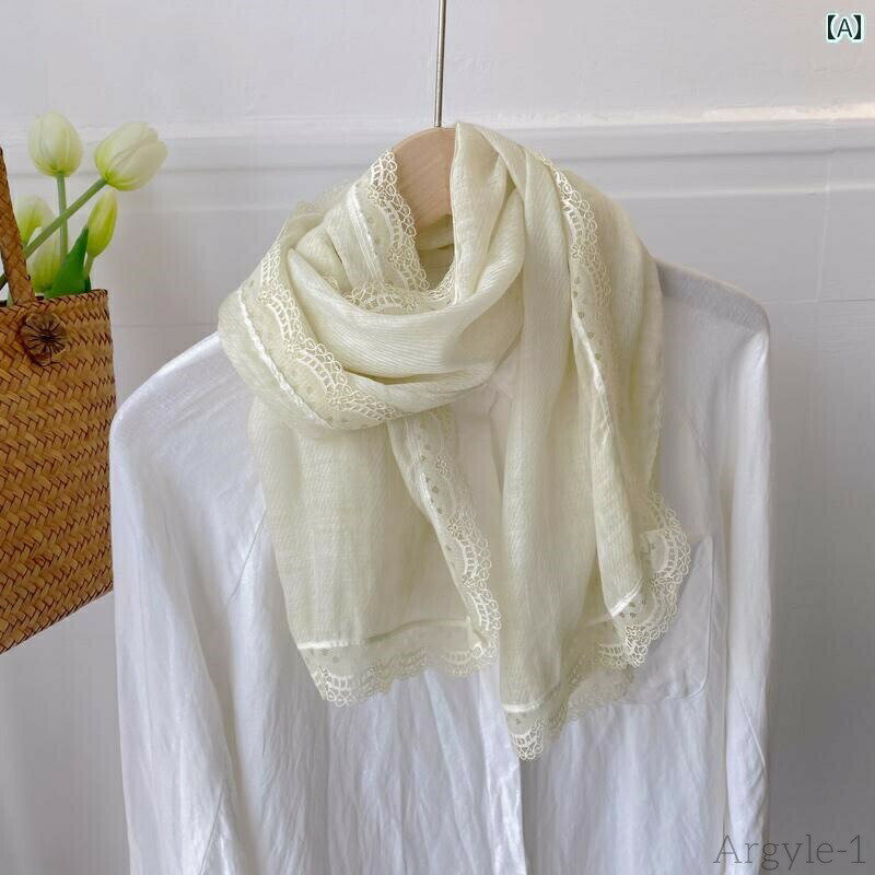 【送料無料】ストール 薄手 春夏 レディース レトロ レース コットン リネン 日焼け防止 首飾り スカーフ ショール シンプル 柔らかい 通気性 快適 ドット おしゃれ アイボリー グレー