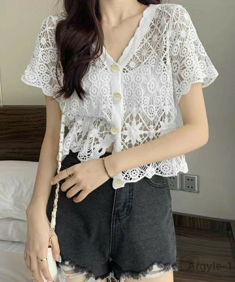 【送料無料】サマーニットトップス Vネック 薄手 透かしトップス 韓国風 かわいい レディース サマーカーディガン かぎ針編み