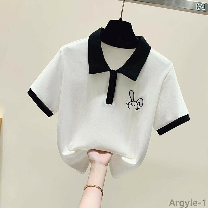 【送料無料】ポロシャツ レディース 襟 ウサギ 刺繍 Tシャツ 夏 半袖 綿 トップス ホワイト ブラック ベージュ