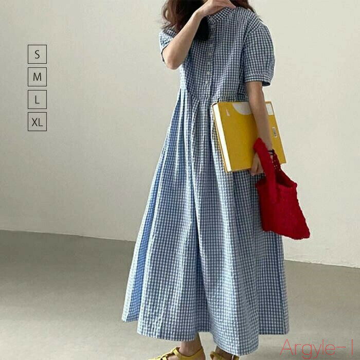 【送料無料】ワンピース レディース シャツワンピース 半袖 夏 ロングワンピース ロング チェック パフスリーブ 半袖ワンピース 切り替え フレア 春 夏 フレアワンピース Aラ