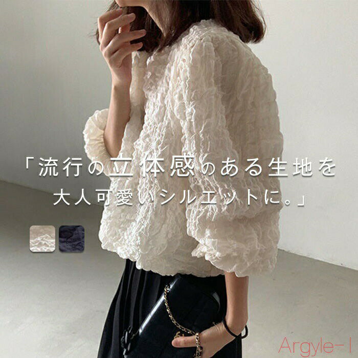 【送料無料】エンボストップス ブラウス レディース トップス プルオーバー かわいい 長袖 ボリューム袖 パフスリーブ ジャカード クルーネック 春 夏 秋 Tシャツ フェミニン