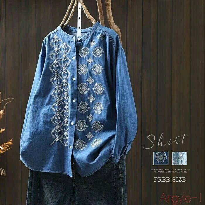 【送料無料】シャツ デニムシャツ レディース 長袖 刺繍 長袖シャツ 春秋 コットン 総柄 トップス レデ..