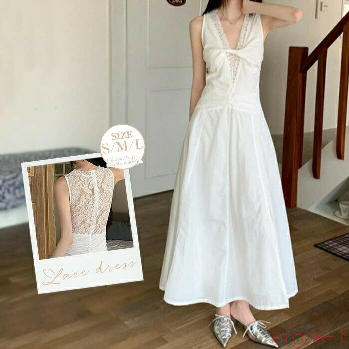 【送料無料】タンクトップワンピース レディース ロング きれいめ レース 深Vネック シフォン 透け感 ..