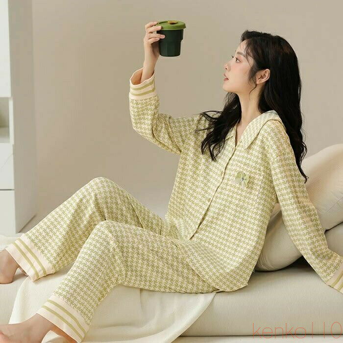 【送料無料】ルームウェア パジャマ レディース 長袖 上下セット 前開き 春 秋 綿100％ コットン 柔らかい 肌触りがいい 通気性 部屋着 セットアップ 大きいサイズ おしゃれ