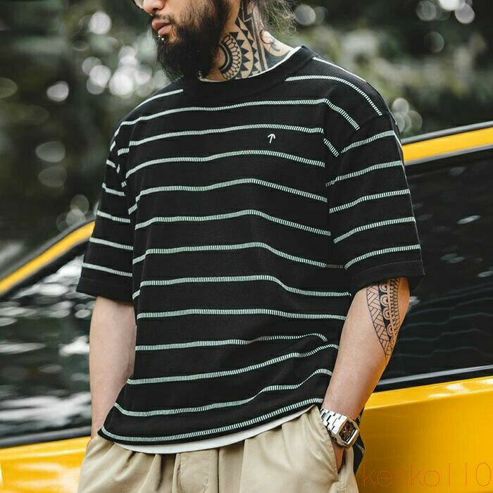 【ポイント最大8倍】【送料無料】半袖 Tシャツ メンズ ボーダー カットソー おしゃれ 人気 tシャツ ビッグシルエット インナー 夏 クルーネック かっこいい 半袖Tシャツ デイリー 普段着 アメカ