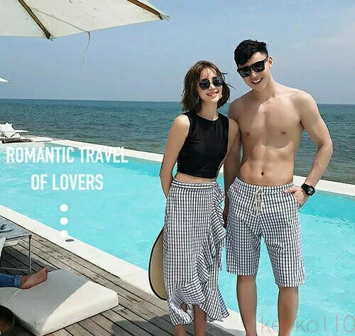 【送料無料】水着 ペア水着 ビキニ カップル 男女4点セット 夏 ペアルック お揃い服 レディース ロングスカート メンズ ハーフパンツ ビーチパンツ サーフパンツ ビーチ 恋人 2