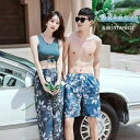 【送料無料】ペア水着 男女4点セット ビキニ ワイドパンツ 水着 カップル 夏 ペアルック お揃い服 可愛い レディース メンズ ハーフパンツ ビーチパンツ サーフパンツ ビーチ