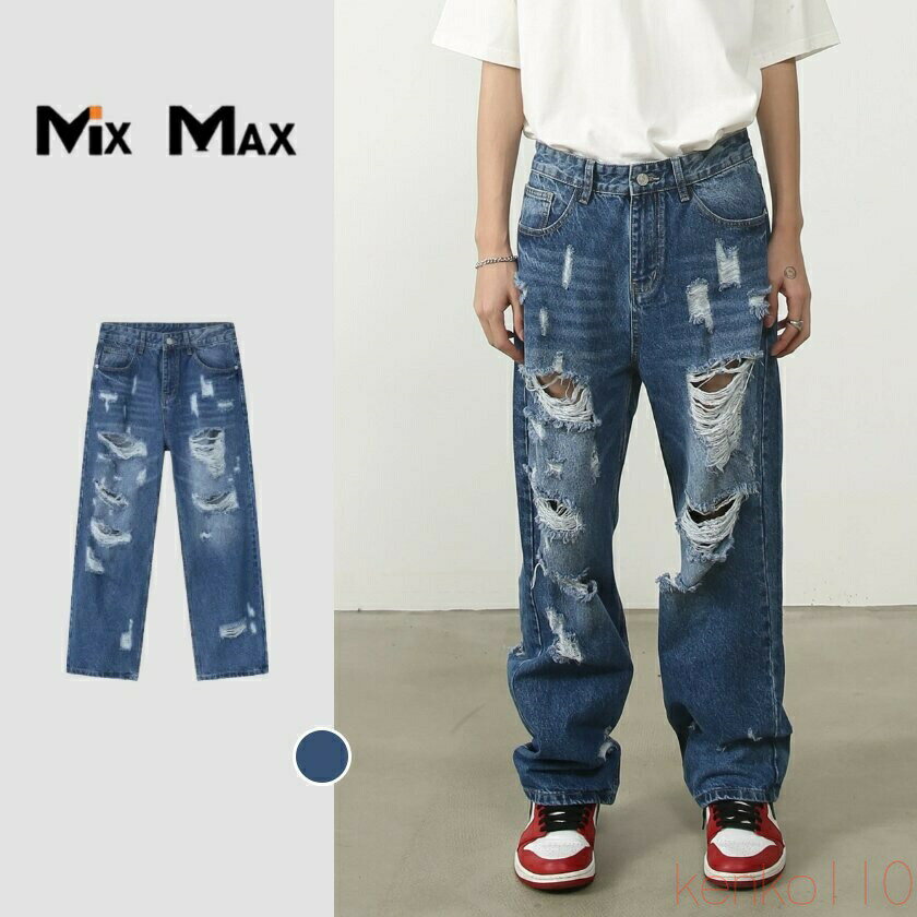 【送料無料】ダメージ ジーンズ メンズ デニム ロング パンツ カジュアル ガチョウパンツ ストレッチ おしゃれ デニム ワイドパンツ ブラック ストレートパンツ メンズ ヒッ