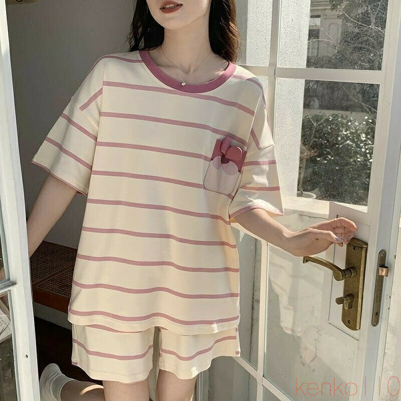 【送料無料】パジャマ レディース 夏用 ルームウェア 薄手 夏 ボーダー ポケット シンプル アニメ uネック 学生 半袖 春 かわいい 可愛い 上下セット 大人 3分丈 春秋 おしゃ