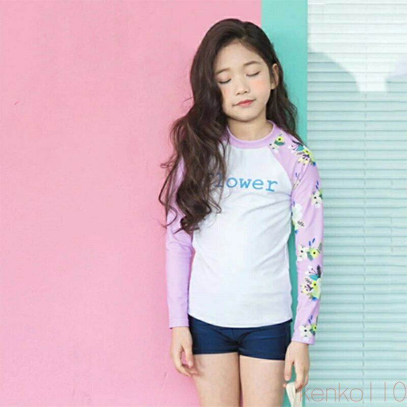 【送料無料】子供 水着 女の子 セット 女子 パープル 速乾 長袖トップス 日焼け防止 ラッシュガード キッズ 140 150 160 中学生 小学生 子供用フィットネス水着 みずぎ スイ