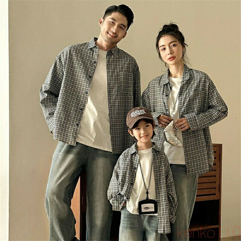 【送料無料】親子 ペアルック シャツ 秋 ペア 春 チェック ストリートコーデ ブラウス 韓国 秋服 親子コーデ 赤ちゃん 親子ペアルック おしゃれ カジュアル ペアシャツ 長袖