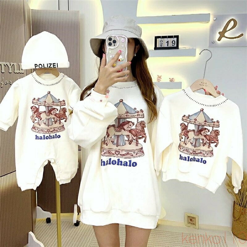 【送料無料】親子 ペアルック 赤ちゃん トレーナー 馬 トップス カジュアル パーカー レディース 春 秋 ストリートコーデ 韓国 親子ペアルック ゆったり ママ 女の子 冬 ブラ