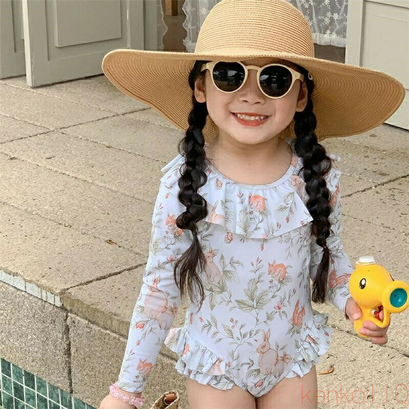 【送料無料】子供 水着 女の子 ワンピース キッズ かわいい 女子 スイムウェア フレア 速乾 長袖 日焼け防止 ins 人気 フィットネス レディース ラッシュガード 140 150 160