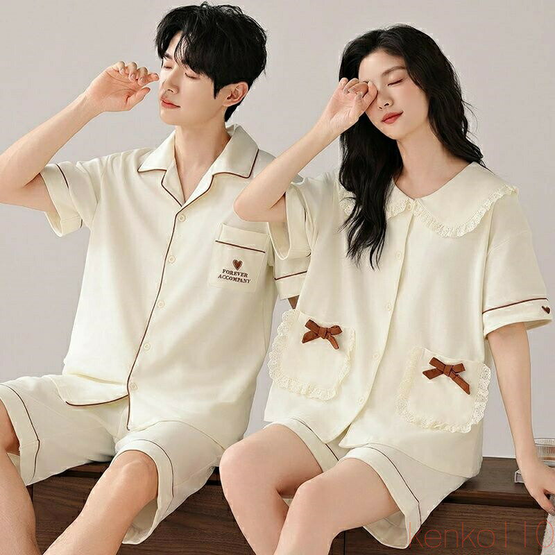 【送料無料】ペア パジャマ 半袖 夏 綿100% 男女2着 セット フレア リボン 前開き 大きいサイズ セットアップ カップル 人形の襟 ルームウェア 高級 春夏 ペアパジャマ 結婚