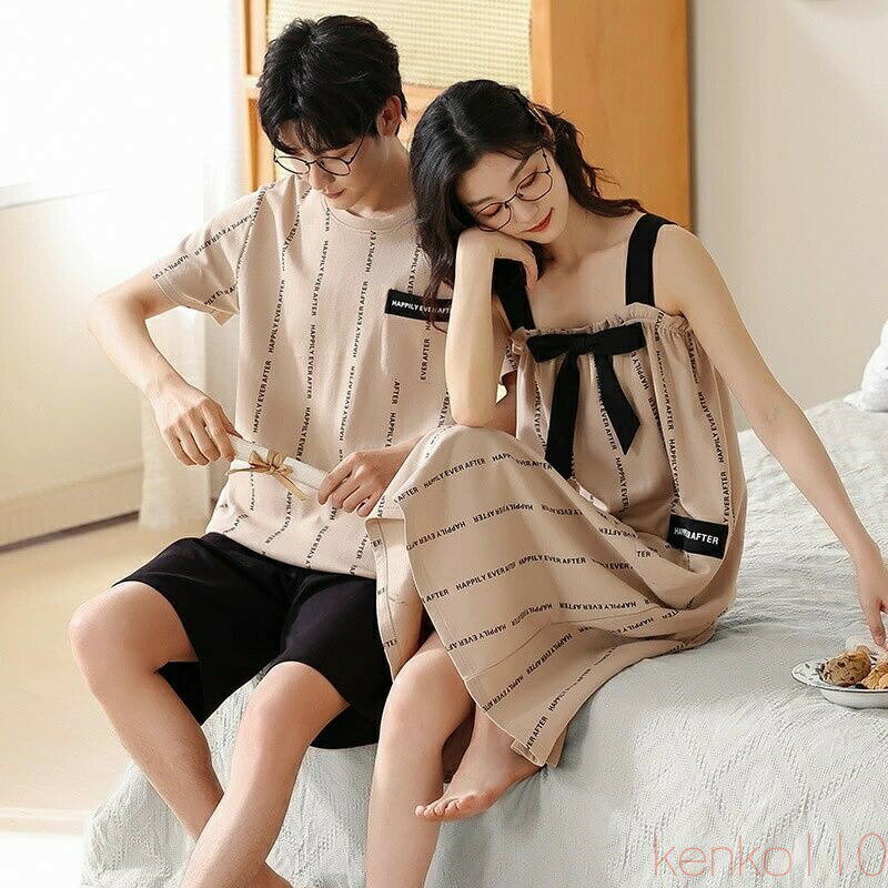 【送料無料】ペア パジャマ 半袖 夏 綿100% 男女2着 セット リボン ゆったり 可愛い 春 大きいサイズ セットアップ カップル ネグリジェ 薄手 ルームウェア 高級 春夏 ペアパ